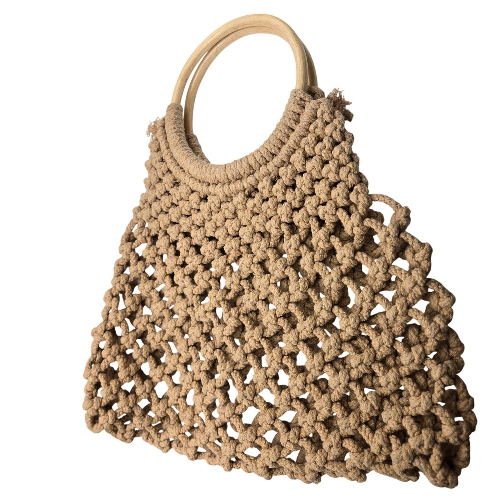 Do Everything in Love Macrame Handbag Tan Boho Knotted Rope Wooden Handle